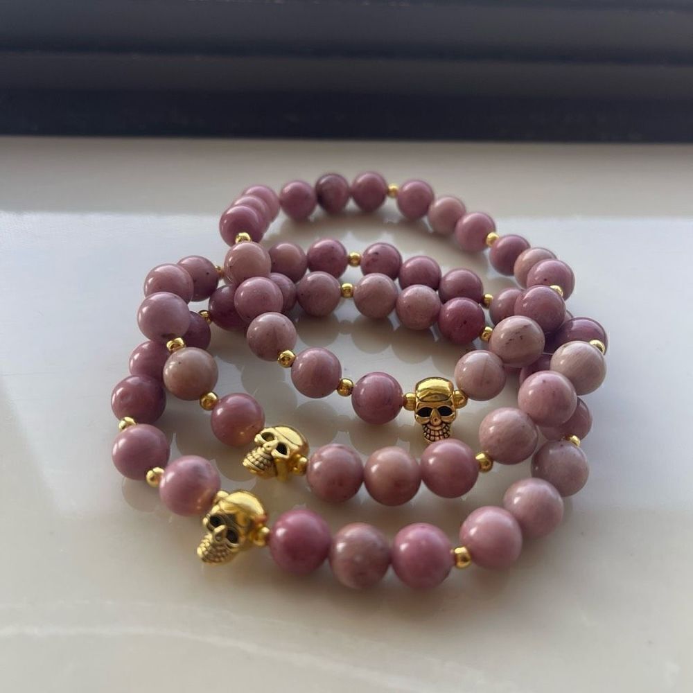 Rhodonite skull gold tone ONE stretch bracelet NEW crystal meditation yoga stone - Picture 4 of 7